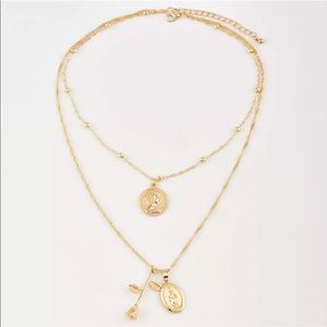 Double Layered Coin, Virgin Mary and Rose Pendant